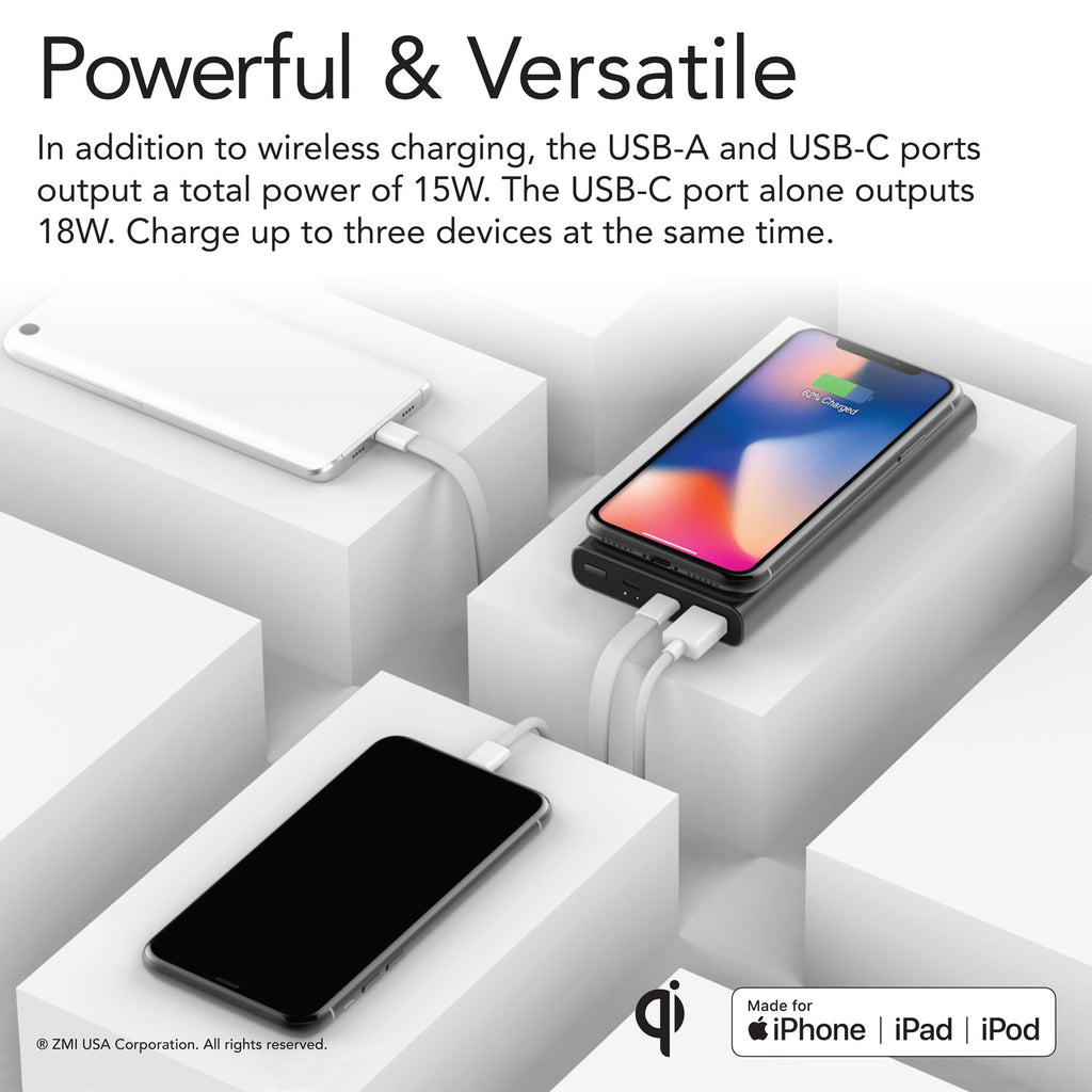 LevPower M10 USB-C Power Bank - Qi Certified Wireless Charger, Apple MFi Certified, USB PD, Lightning Port Input