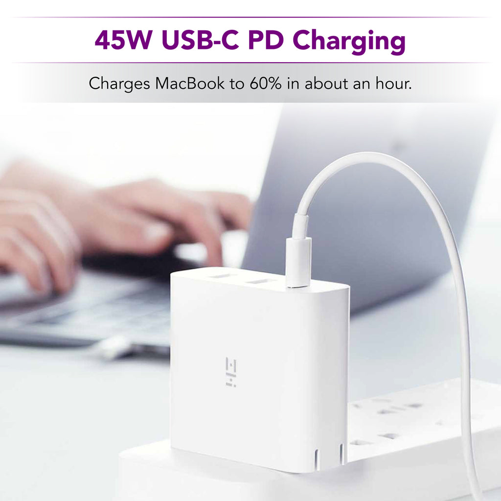 zPower 3-Port Travel Charger with PPS Support: 45W USB-C PD and 18W-Split Dual USB-A Wall Charger